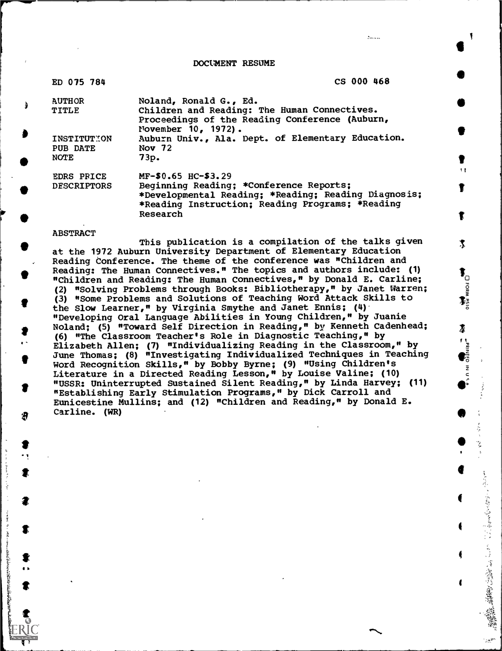 The Human Connectives. Proceedings of the Reading Conference (Auburn, Vovember 10, 1972)