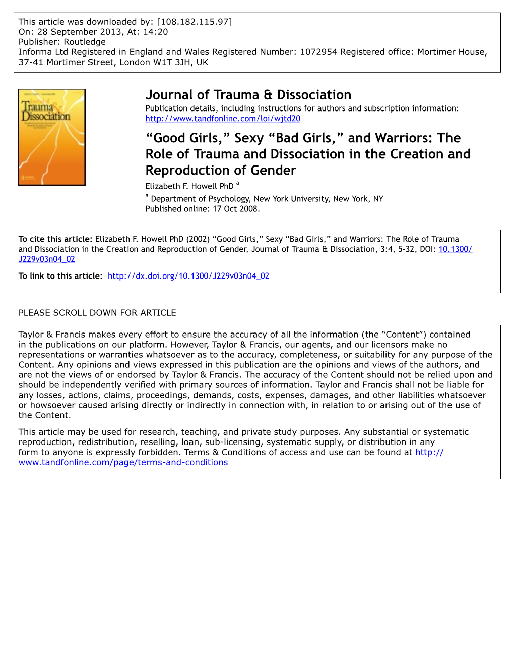 “Good Girls,” Sexy “Bad Girls,” and Warriors: the Role of Trauma and Dissociation in the Creation and Reproduction of Gender Elizabeth F