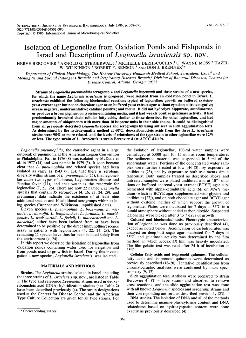 Isolation of Legionellae from Oxidation Ponds and Fishponds in Israel and Description of Legionella Israelensis Sp