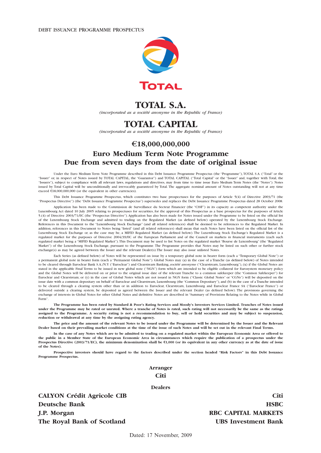 Total S.A. Total Capital Guarantor of Notes Issued by Total S.A