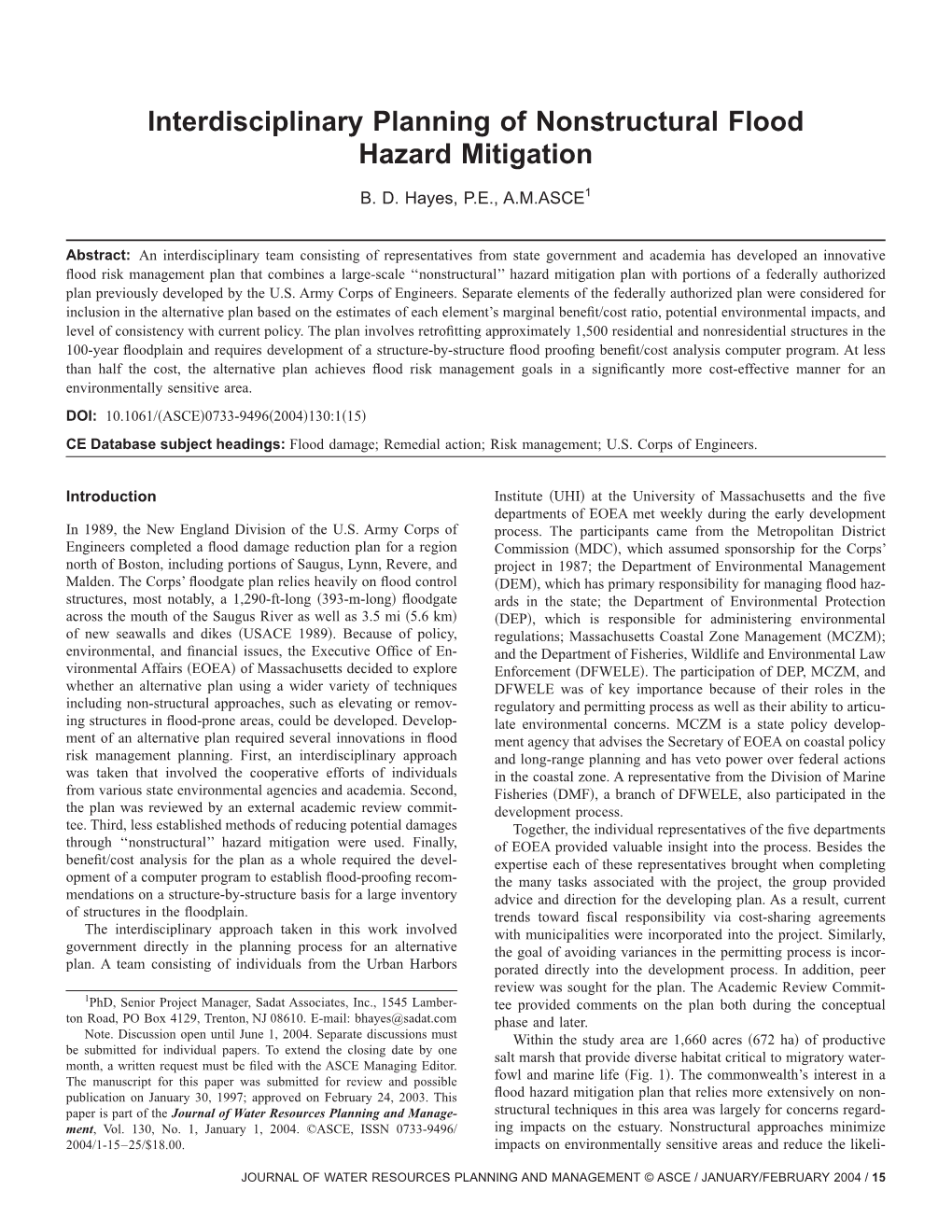 Interdisciplinary Planning of Nonstructural Flood Hazard Mitigation