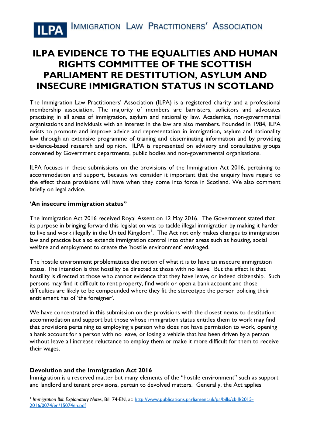 Ilpa Evidence to the Equalities and Human Rights Committee of the Scottish Parliament Re Destitution, Asylum and Insecure Immigration Status in Scotland