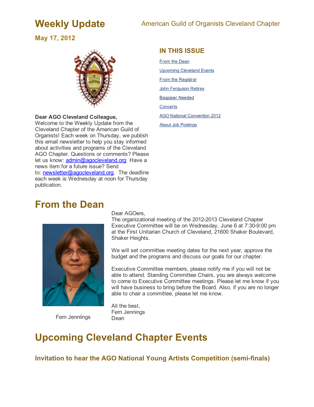Weekly Update from the Dean Upcoming Cleveland Chapter Events