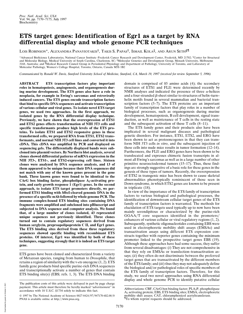 ETS Target Genes: Identification of Egr1 As a Target by RNA Differential Display and Whole Genome PCR Techniques