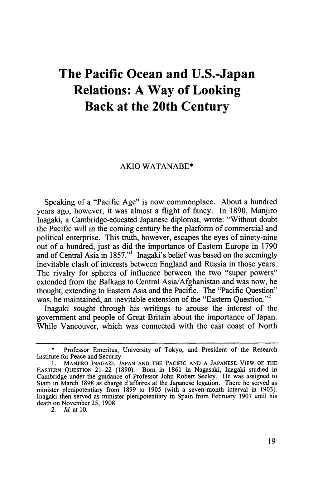 Pacific Ocean and U.S.-Japan Relations: a Way of Looking Back at the 20Th Century