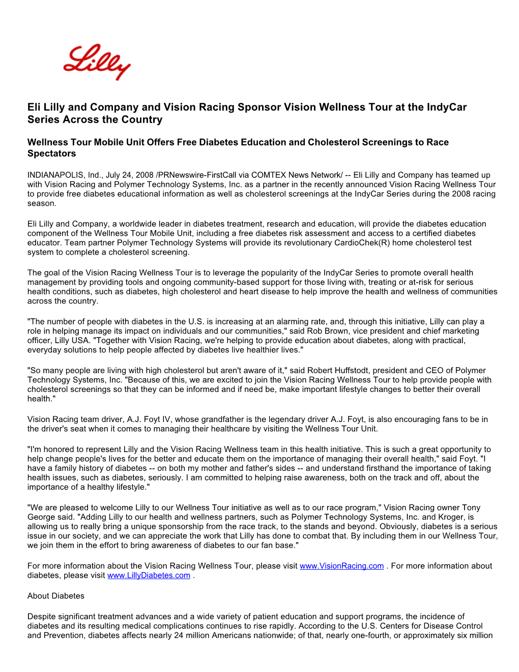 Eli Lilly and Company and Vision Racing Sponsor Vision Wellness Tour at the Indycar Series Across the Country