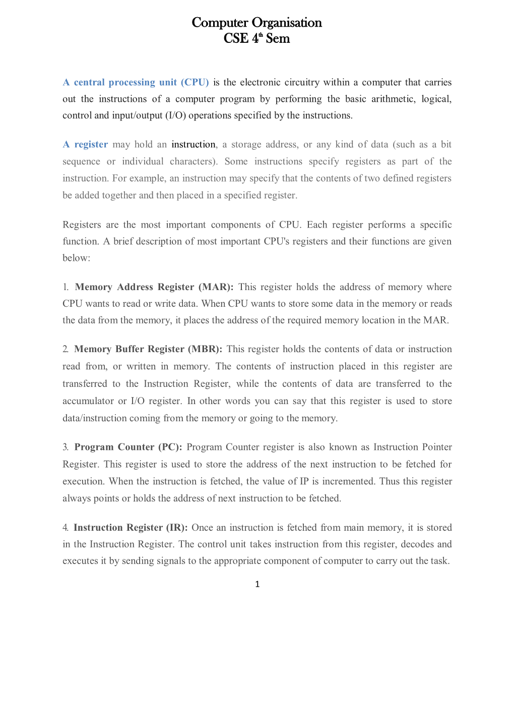 Computer Organisation CSE 4Th Sem