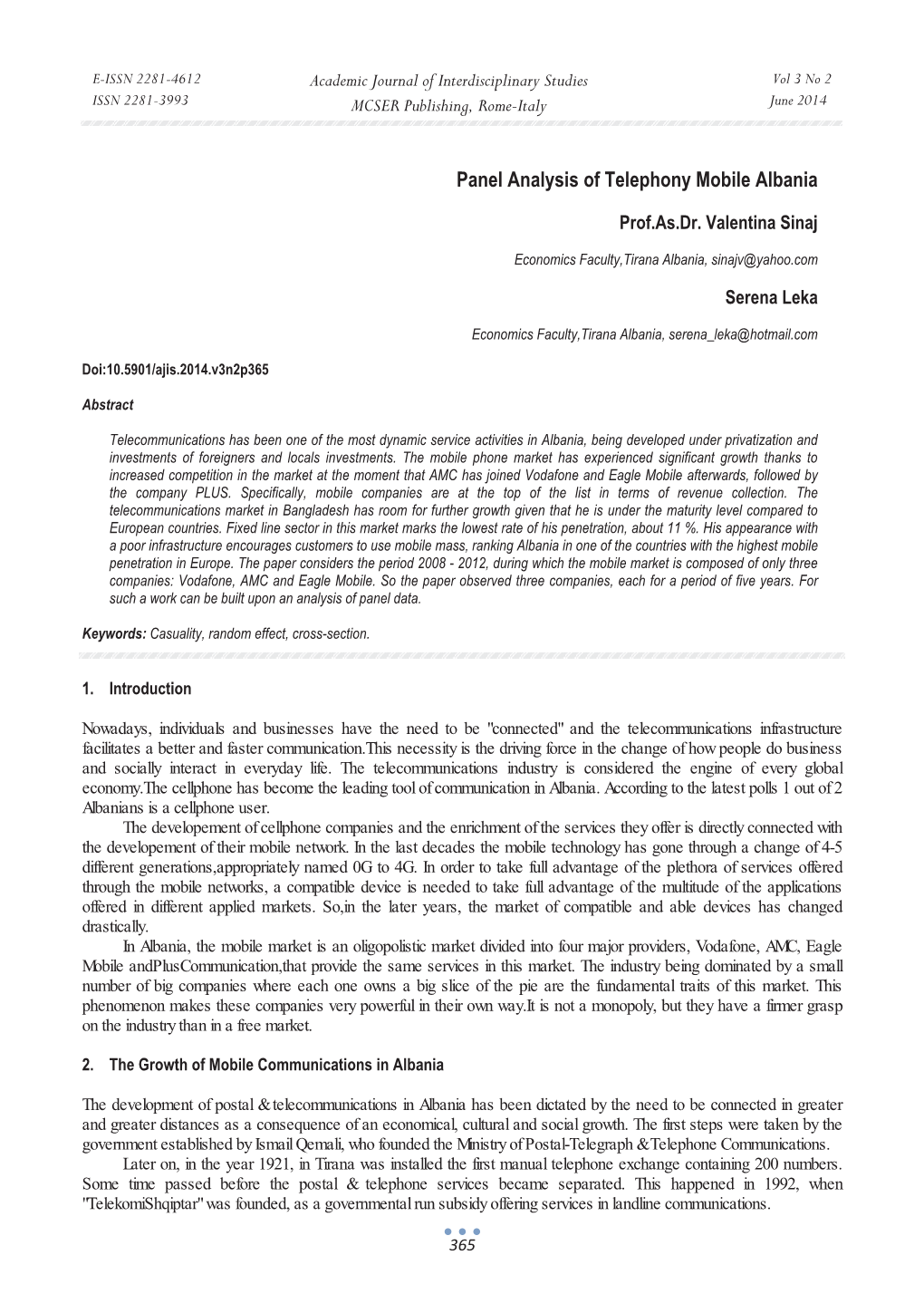 Panel Analysis of Telephony Mobile Albania