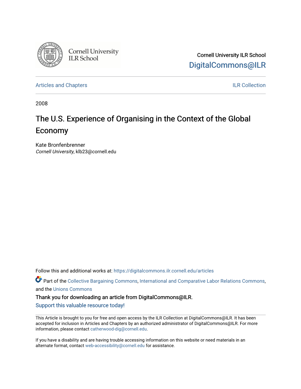 The U.S. Experience of Organising in the Context of the Global Economy