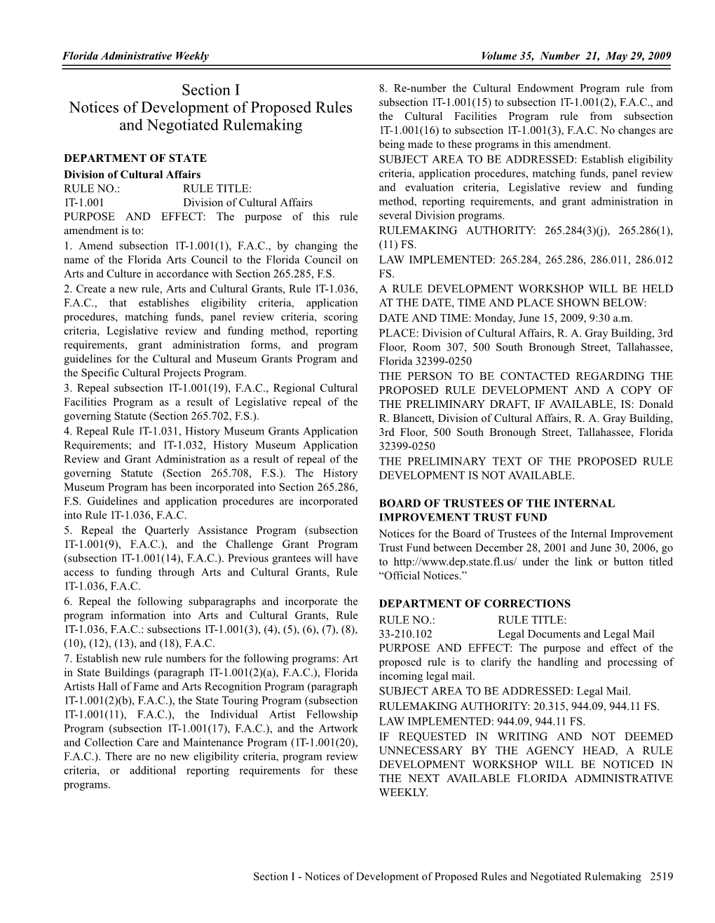 Section I Notices of Development of Proposed Rules and Negotiated