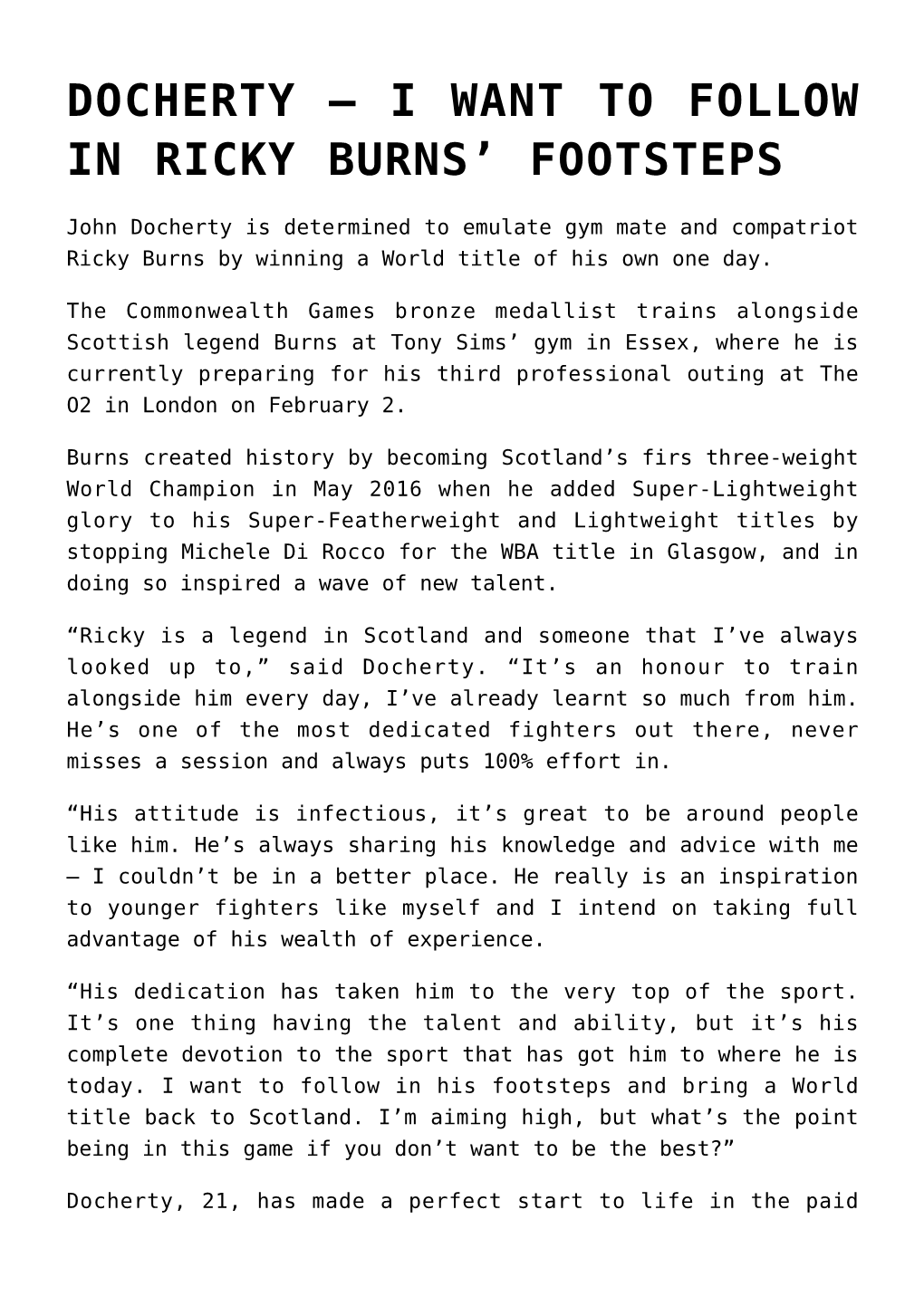 Docherty – I Want to Follow in Ricky Burns&