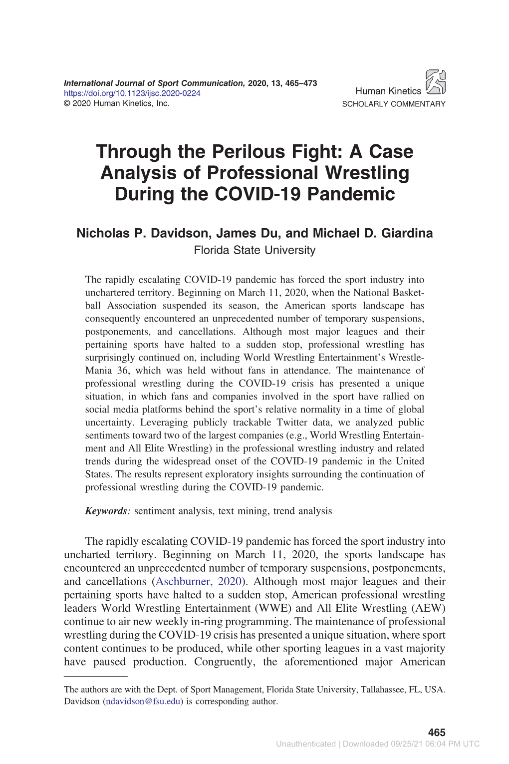 A Case Analysis of Professional Wrestling During the COVID-19 Pandemic