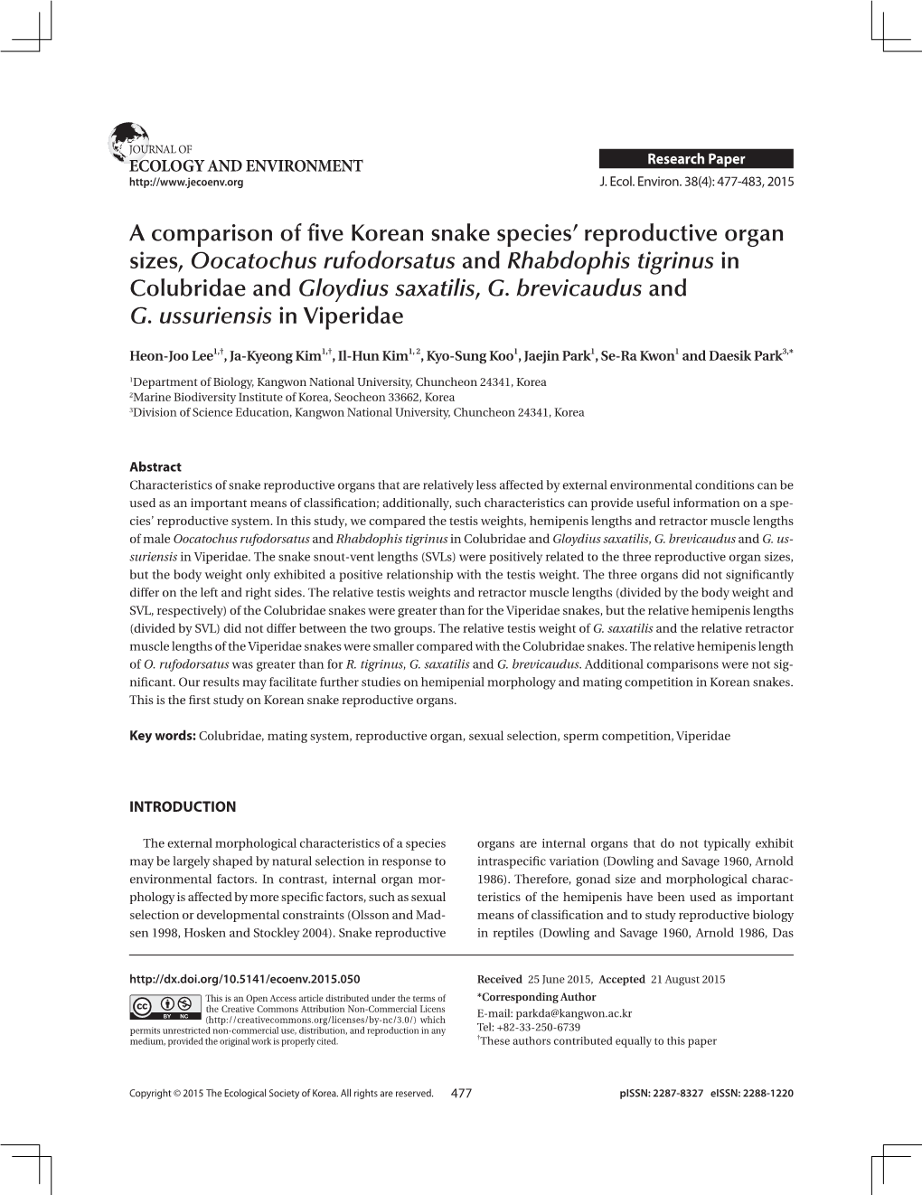 A Comparison of Five Korean Snake Species' Reproductive Organ Sizes