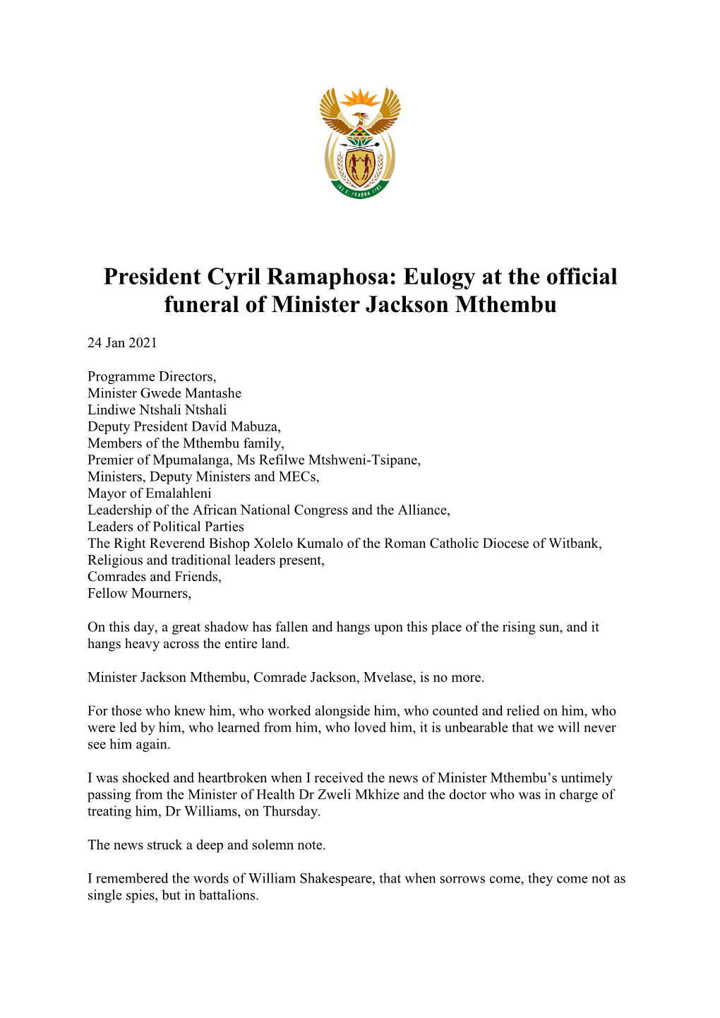 President Cyril Ramaphosa: Eulogy at the Official Funeral of Minister Jackson Mthembu