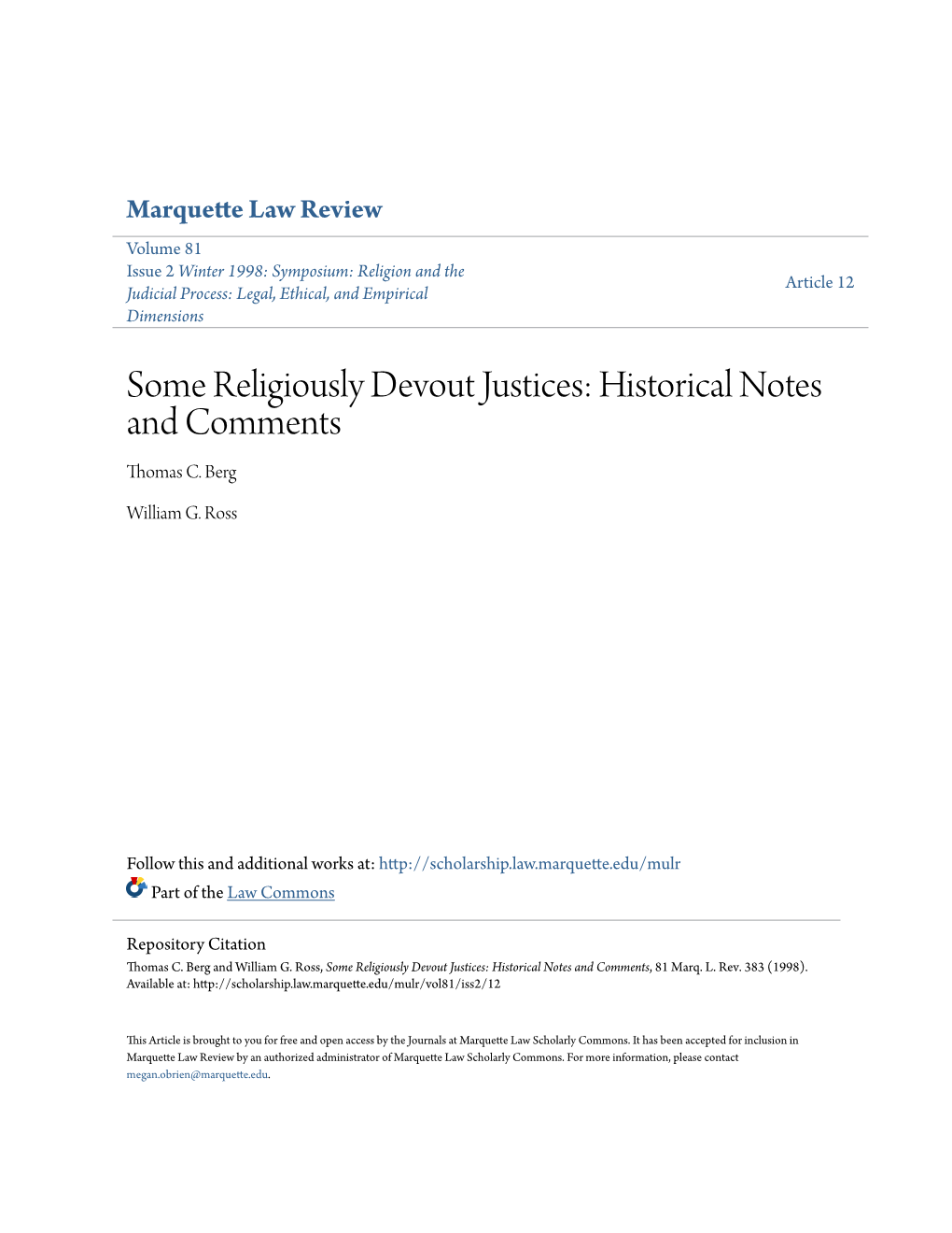 Some Religiously Devout Justices: Historical Notes and Comments Thomas C