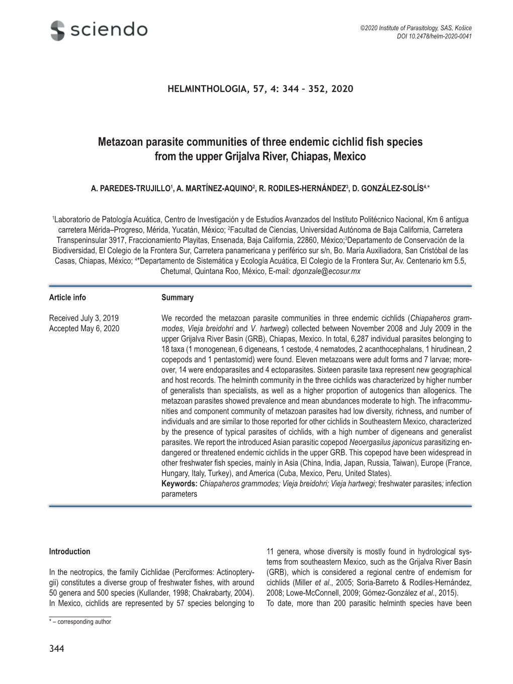 Metazoan Parasite Communities of Three Endemic Cichlid Fish Species