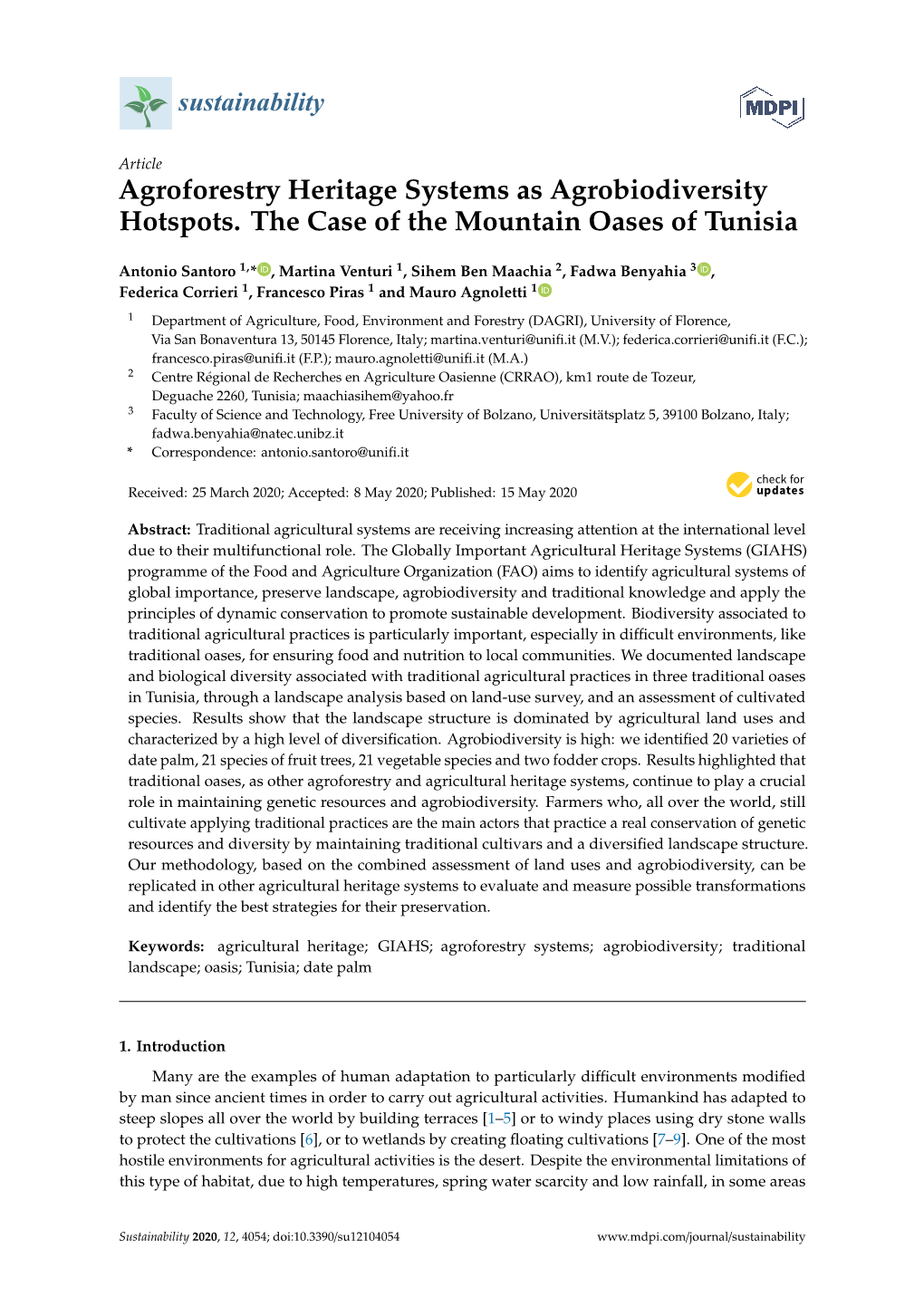 Agroforestry Heritage Systems As Agrobiodiversity Hotspots. the Case of the Mountain Oases of Tunisia
