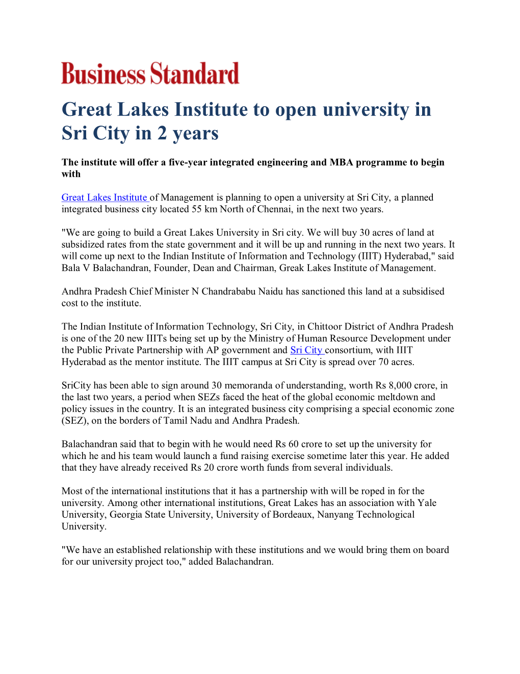 Great Lakes Institute to Open University in Sri City in 2 Years