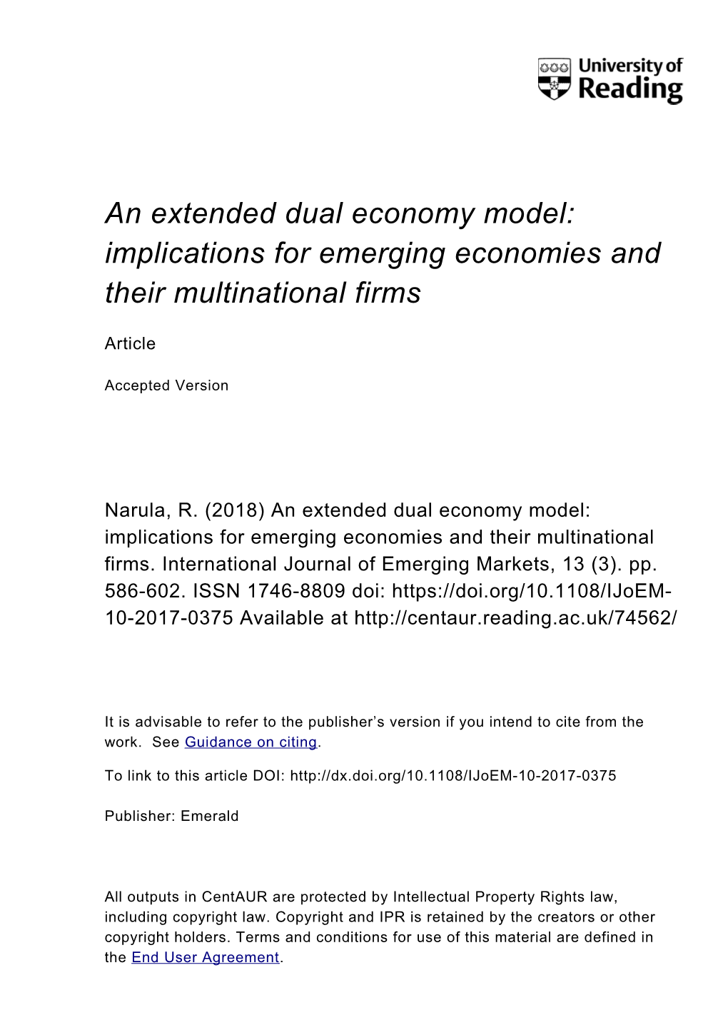 An Extended Dual Economy Model: Implications for Emerging Economies and Their Multinational Firms