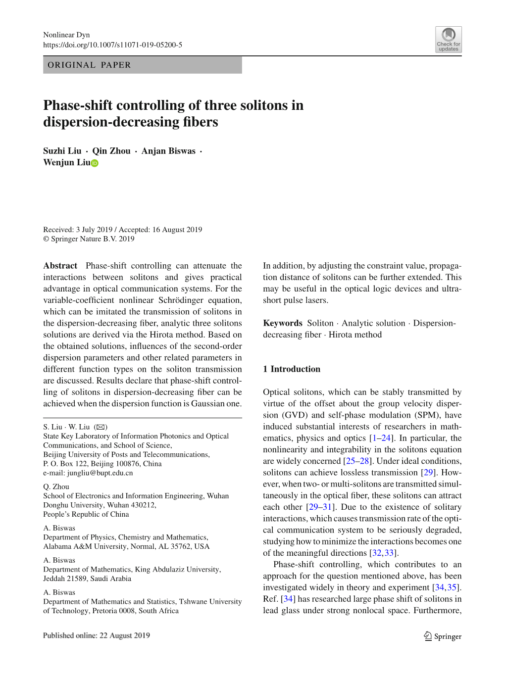 Phase-Shift Controlling of Three Solitons in Dispersion-Decreasing ﬁbers