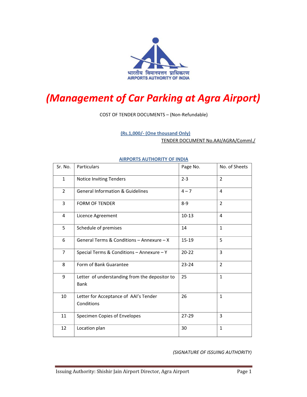 Management of Car Parking at Agra Airport