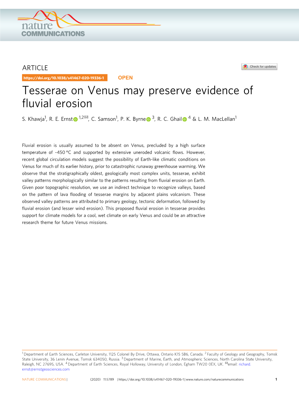 Tesserae on Venus May Preserve Evidence of Fluvial Erosion