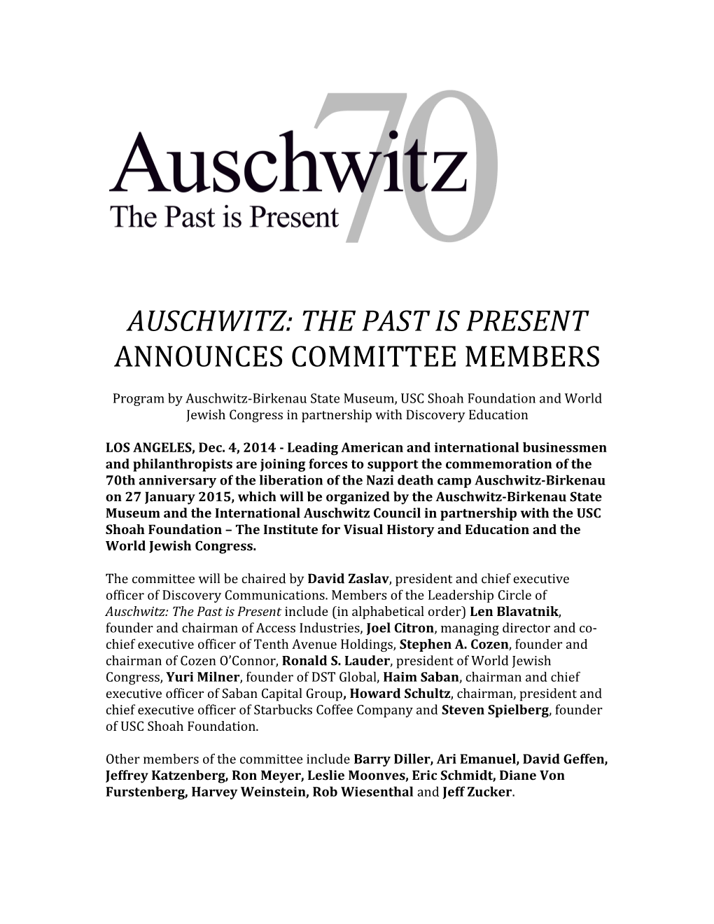 Auschwitz: the Past Is Present Announces Committee Members