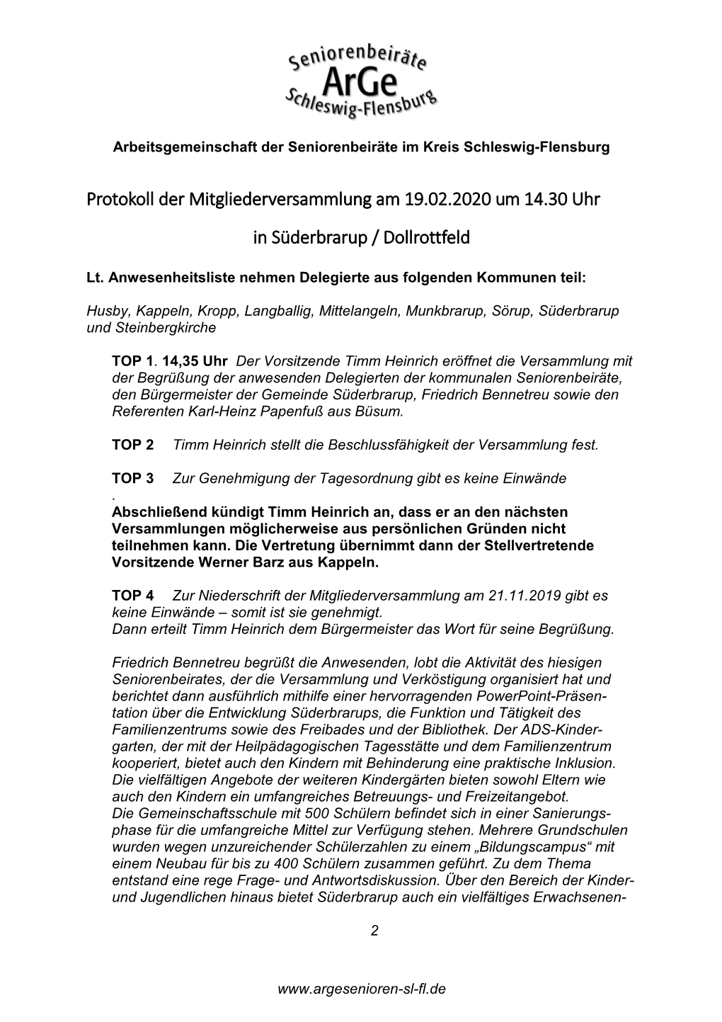 Protokoll Der Mitgliederversammlung Am 19.02.2020 Um 14.30 Uhr in Süderbrarup / Dollrottfeld