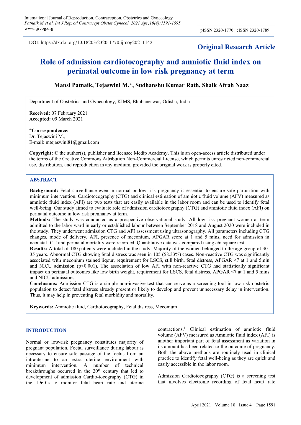Role of Admission Cardiotocography and Amniotic Fluid Index on Perinatal Outcome in Low Risk Pregnancy at Term