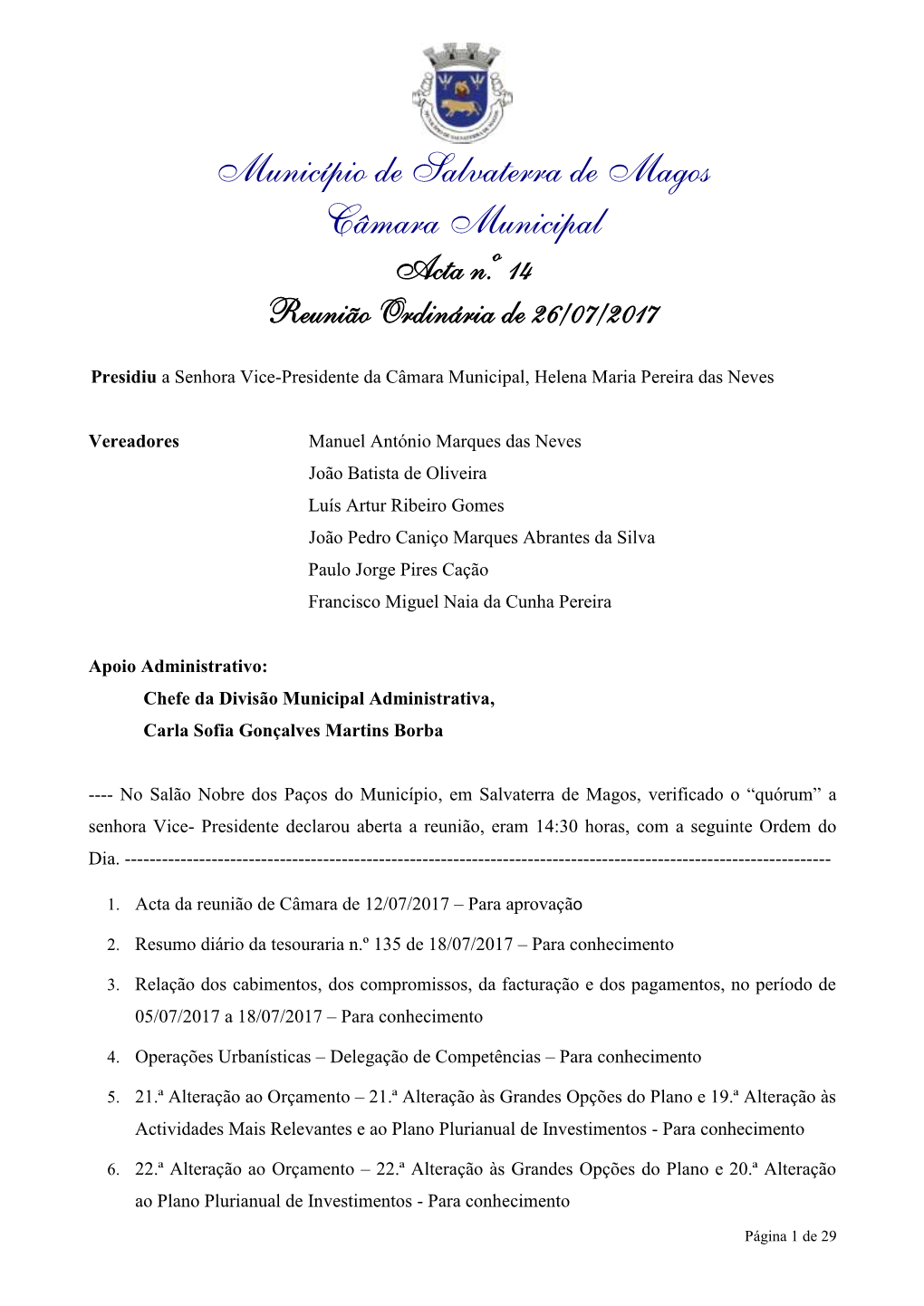 Município De Salvaterra De Magos Câmara Municipal Acta N.º 14 Reunião Ordinária De 26/07/2017