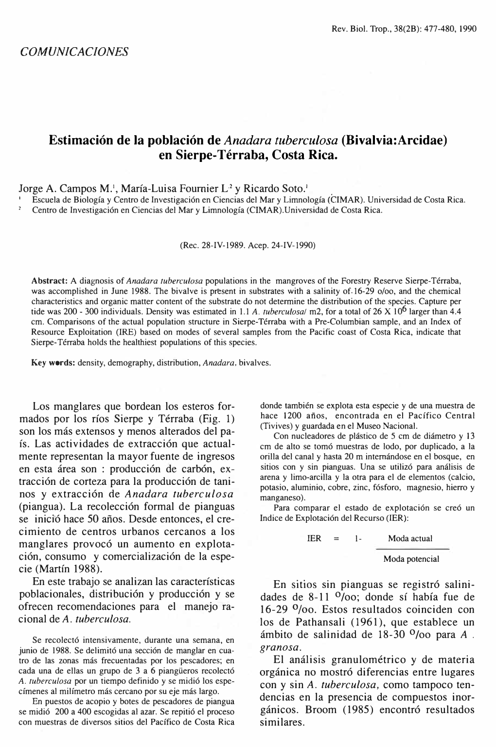 Estimación De La Población De Anadara Tuberculosa (Bivalvia:Arcidae) En Sierpe-Térraba, Costa Rica