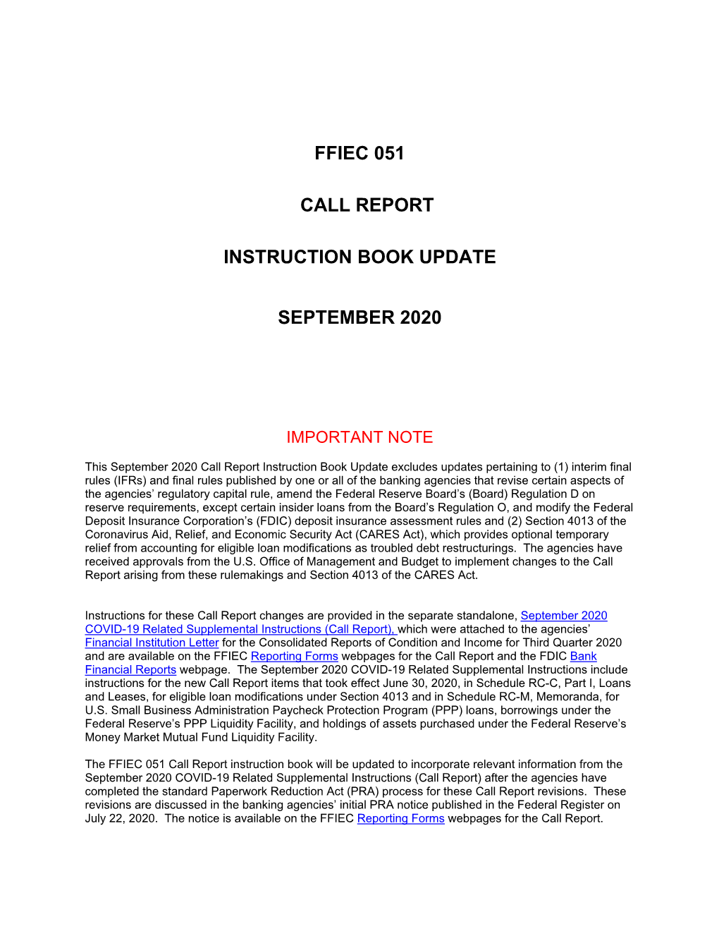 Ffiec 051 Call Report Instruction Book Update September 2020