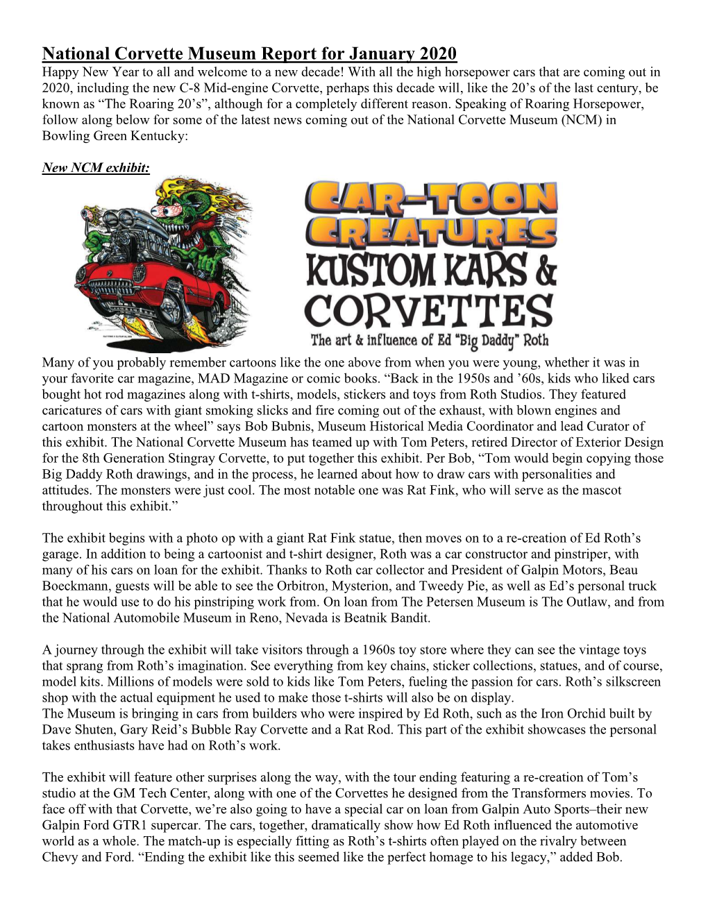 National Corvette Museum Report for January 2020