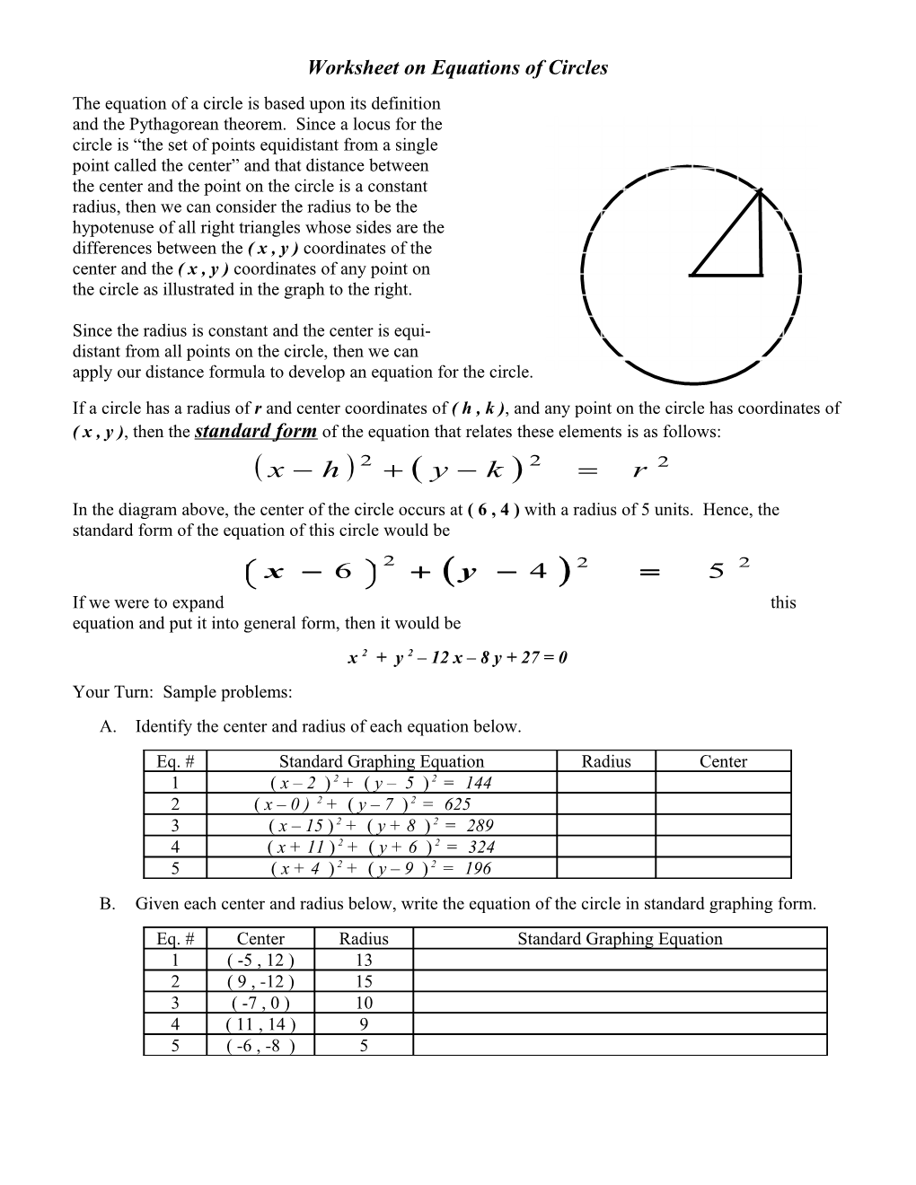 Worksheet On Equations Of Circles