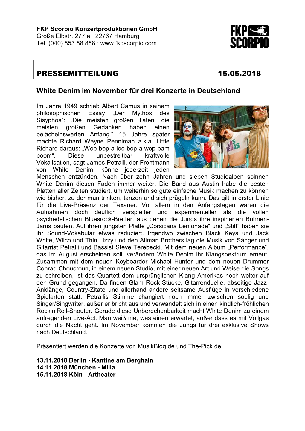 PRESSEMITTEILUNG 15.05.2018 White Denim Im