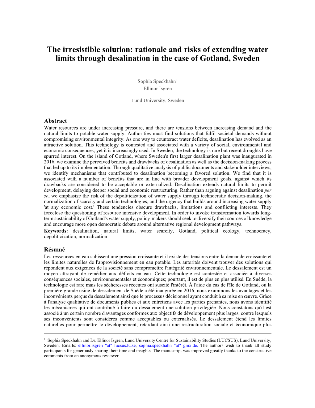 Rationale and Risks of Extending Water Limits Through Desalination in the Case of Gotland, Sweden