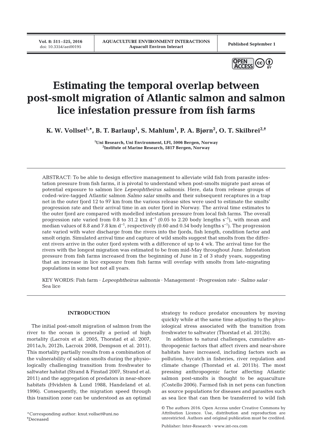 Estimating the Temporal Overlap Between Post-Smolt Migration of Atlantic Salmon and Salmon Lice Infestation Pressure from Fish Farms