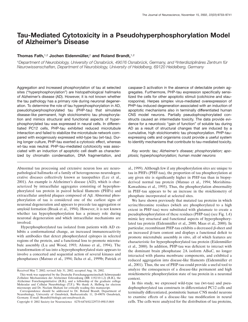 Tau-Mediated Cytotoxicity in a Pseudohyperphosphorylation Model of Alzheimer’S Disease
