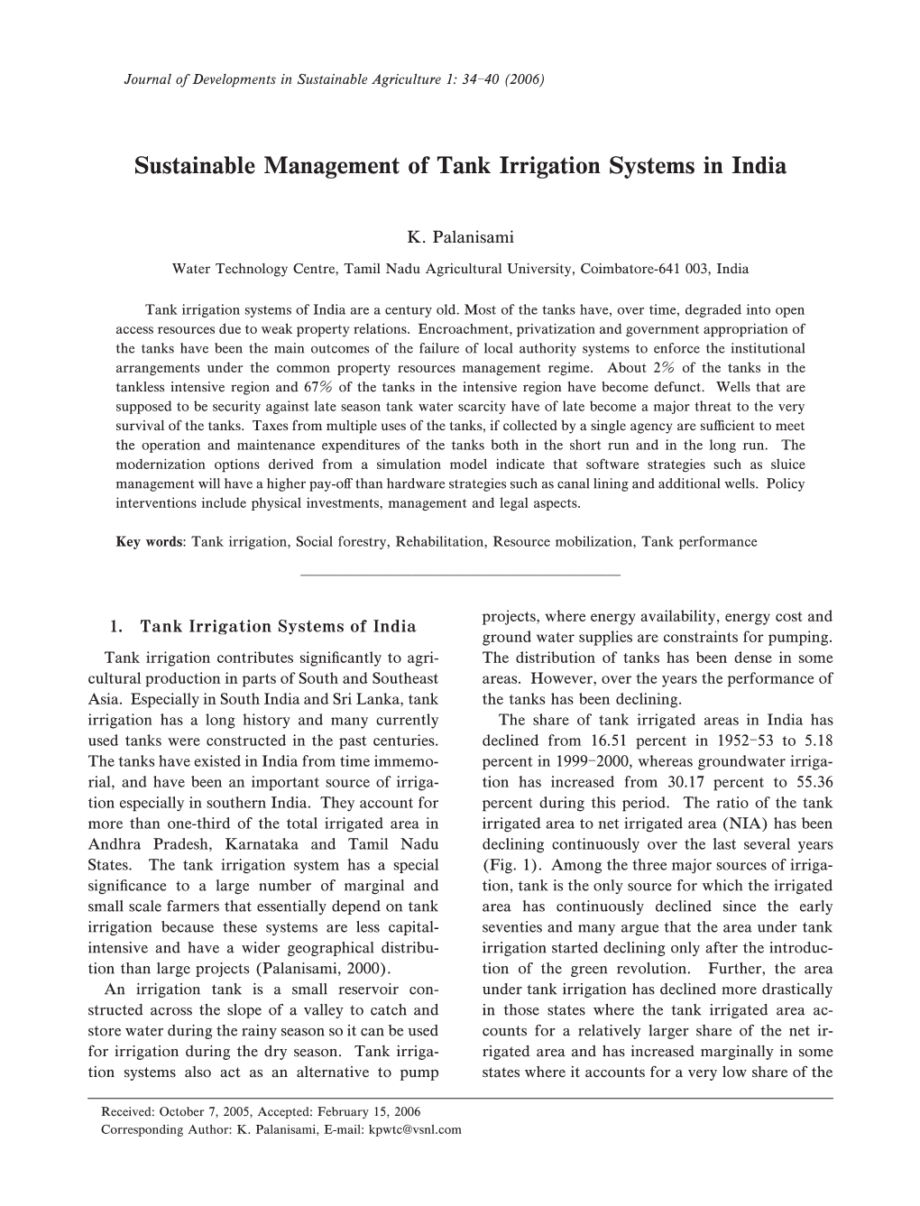 Sustainable Management of Tank Irrigation Systems in India
