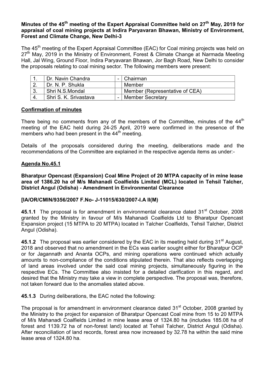 May, 2019 for Appraisal of Coal Mining Projects at Indira Paryavaran Bhawan, Ministry of Environment, Forest and Climate Change, New Delhi-3