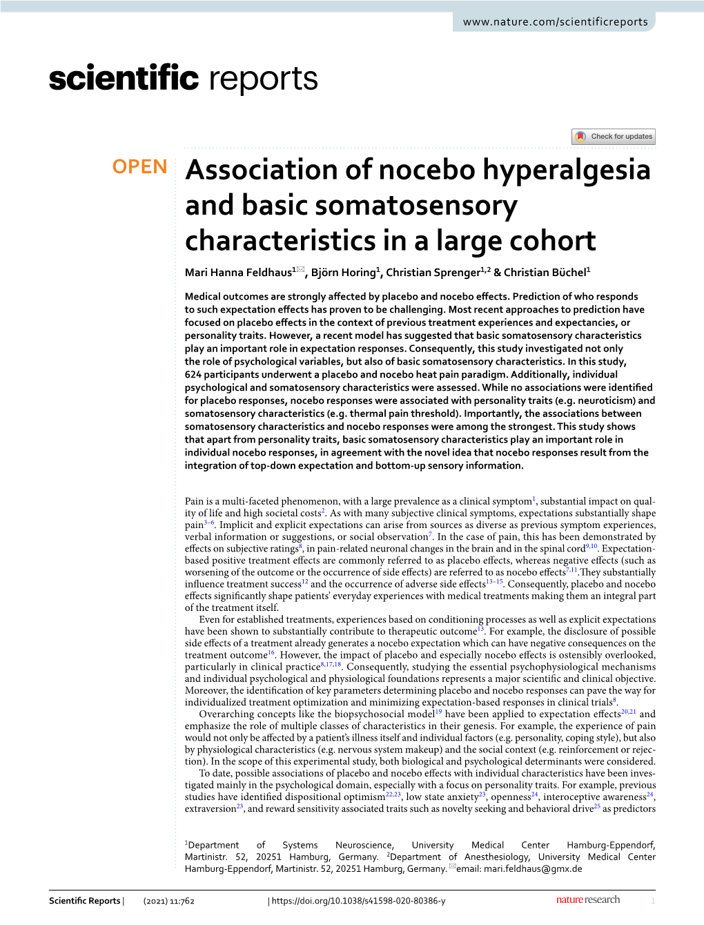 Association of Nocebo Hyperalgesia and Basic Somatosensory