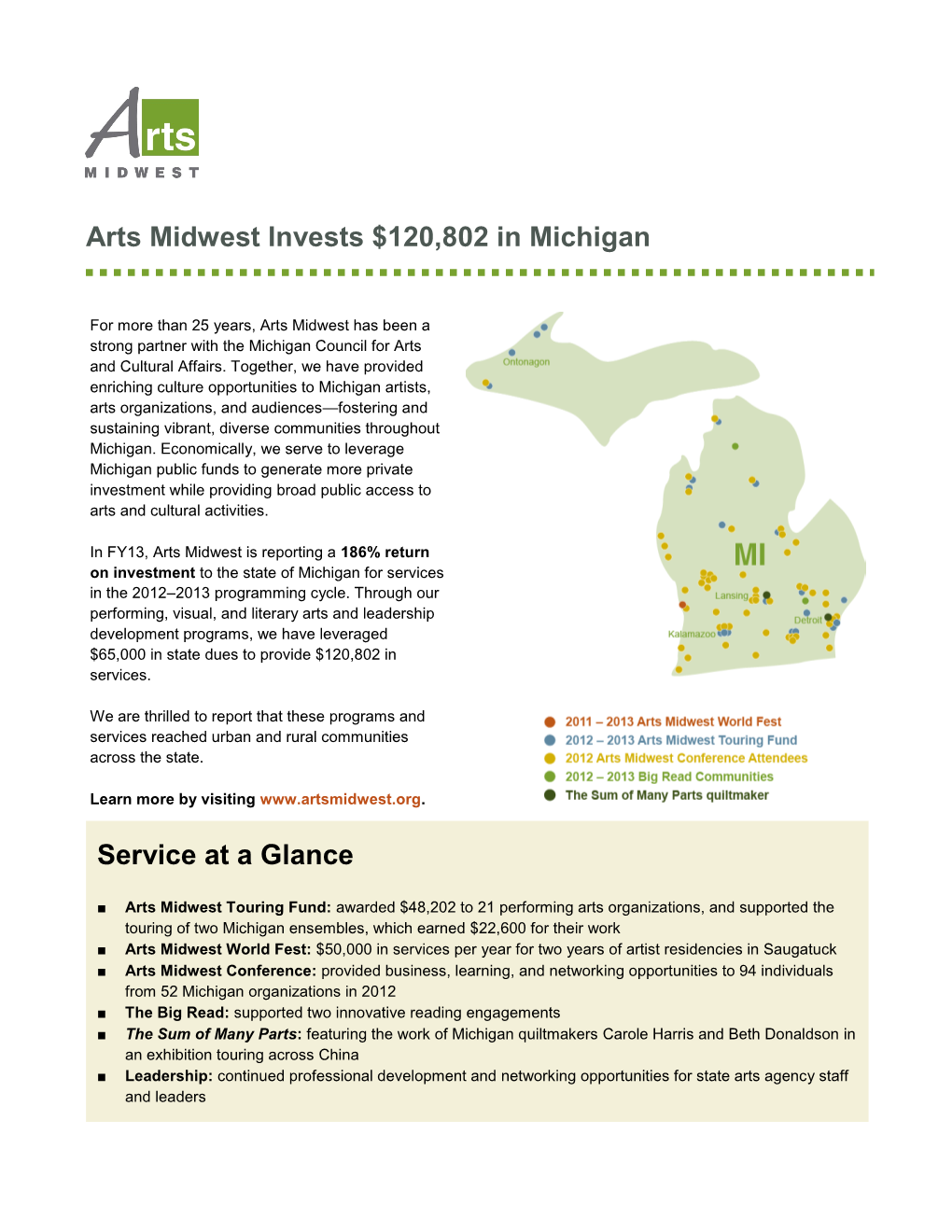 Arts Midwest Invests $120,802 in Michigan Service at a Glance