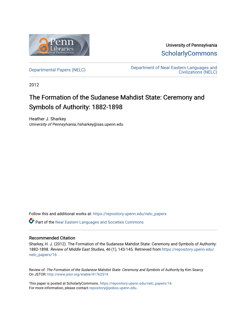 The Formation of the Sudanese Mahdist State: Ceremony and Symbols of Authority: 1882-1898