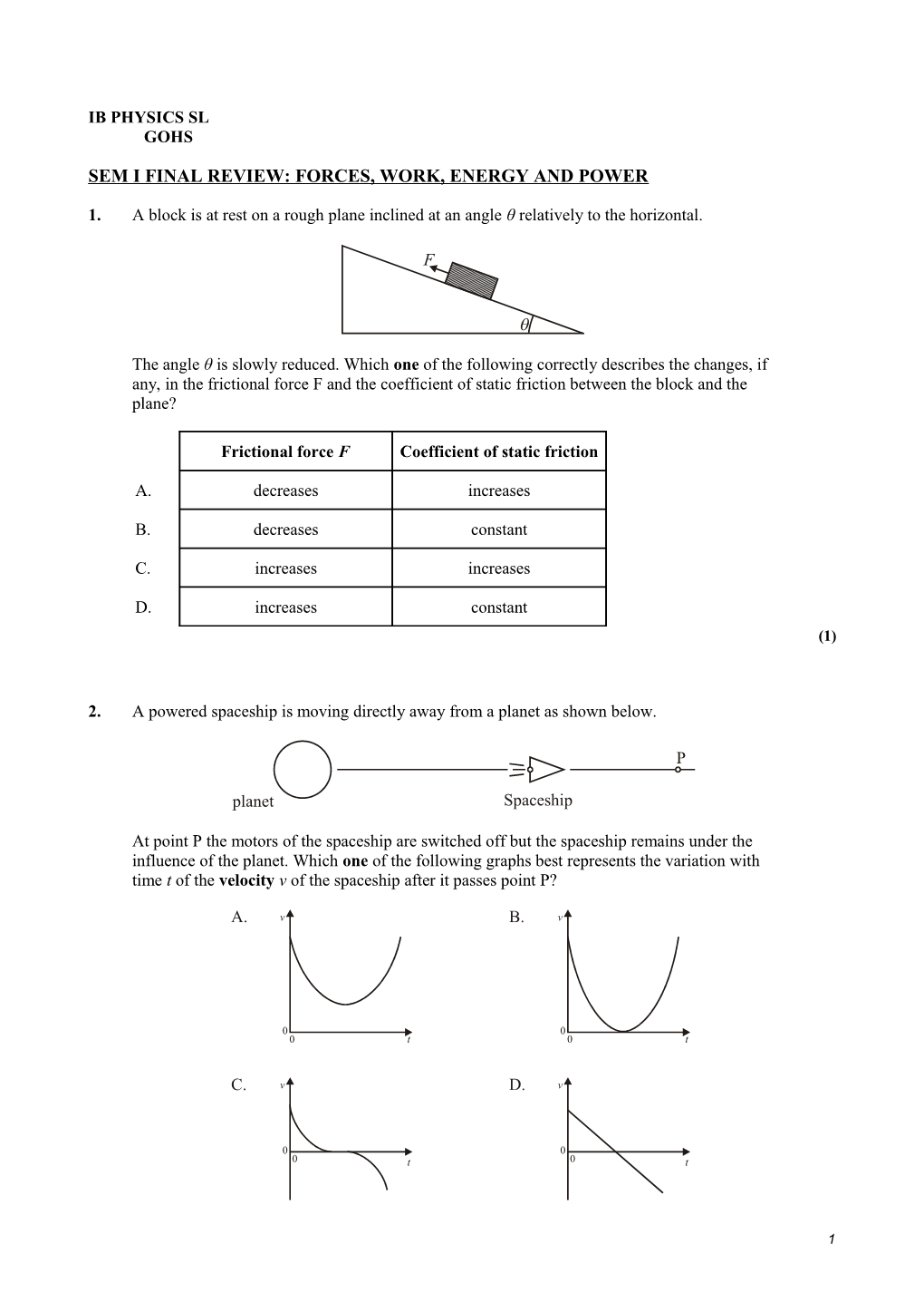 Sem I Final Review: Forces, Work, Energy and Power