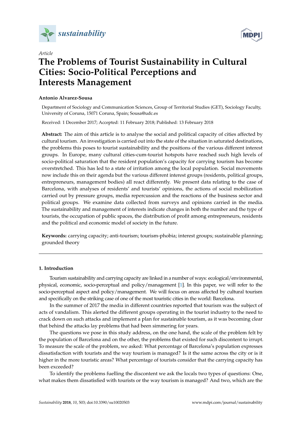 The Problems of Tourist Sustainability in Cultural Cities: Socio-Political Perceptions and Interests Management