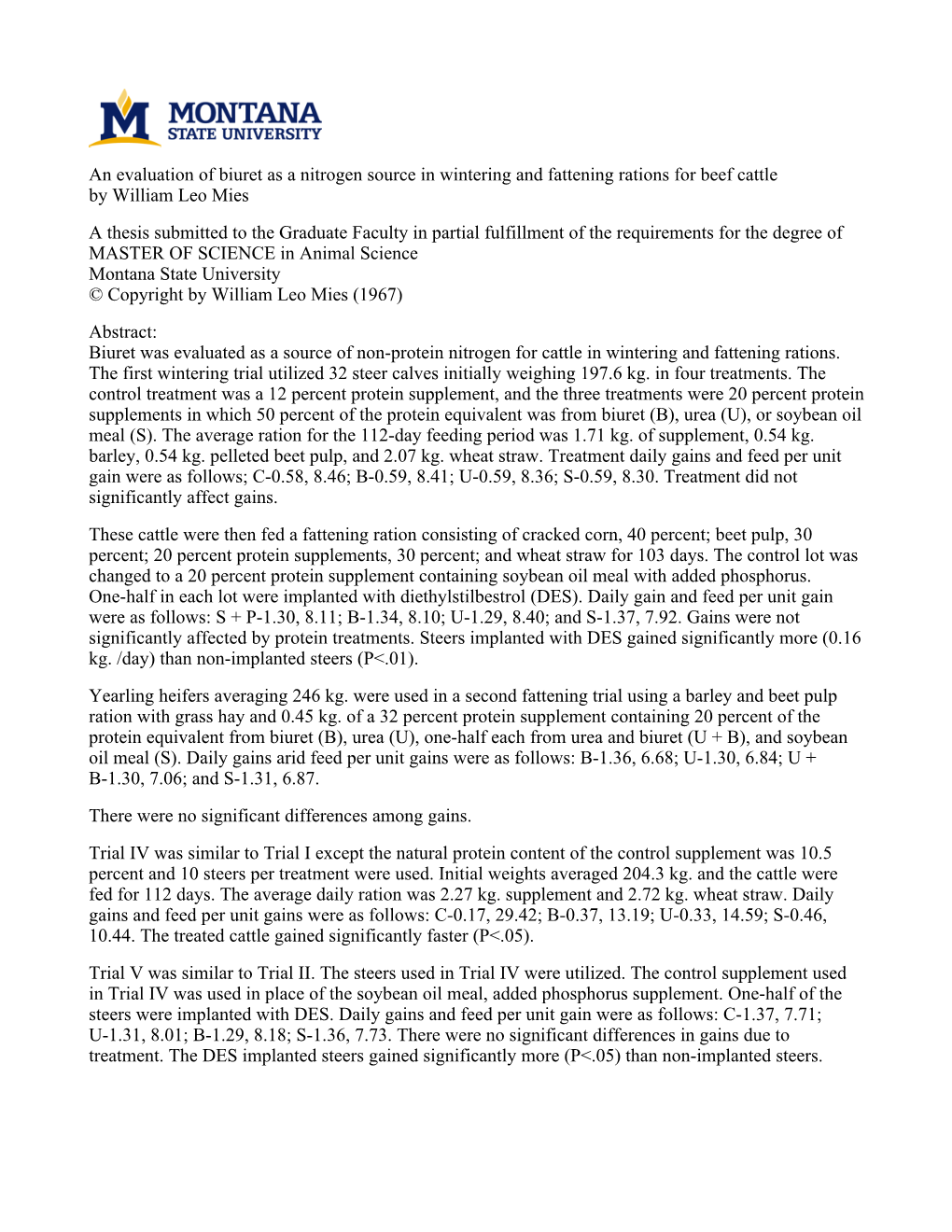 An Evaluation of Biuret As a Nitrogen Source in Wintering and Fattening