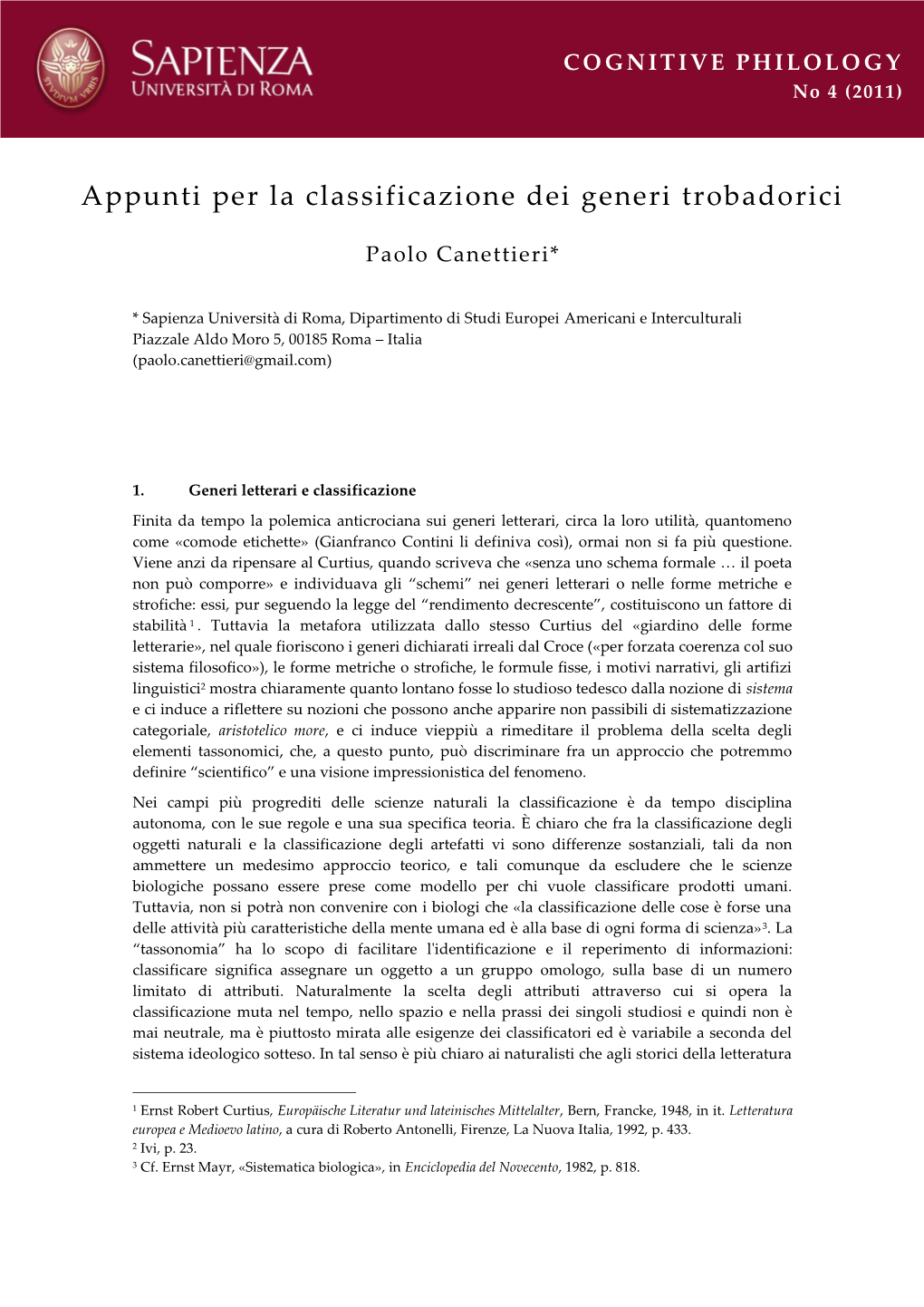 Appunti Per La Classificazione Dei Generi Trobadorici