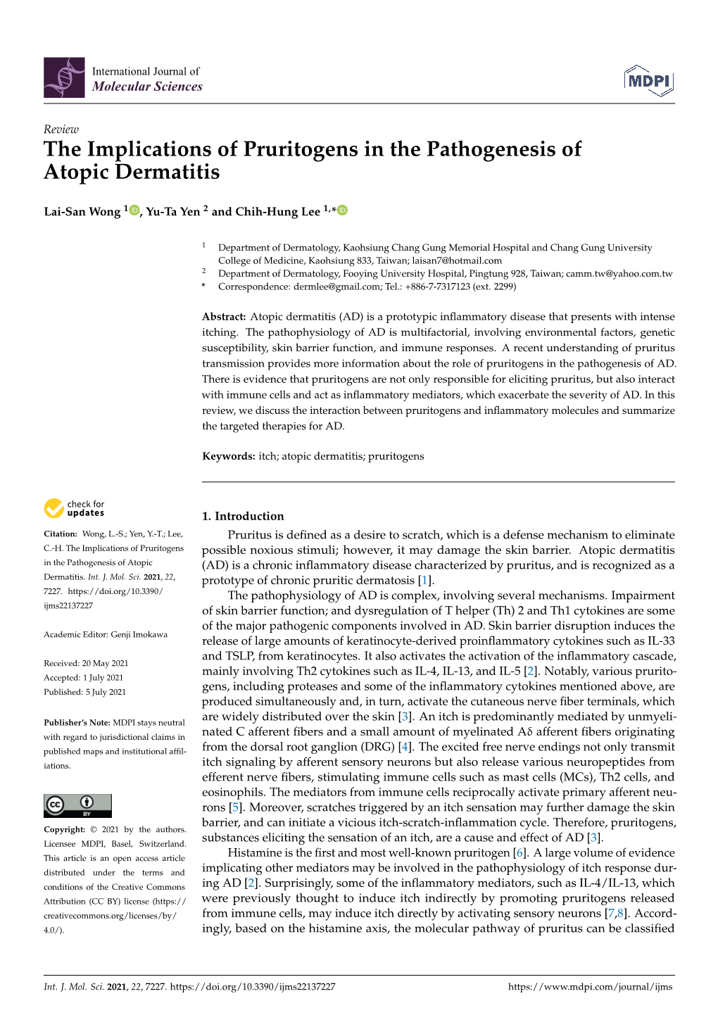 The Implications of Pruritogens in the Pathogenesis of Atopic Dermatitis