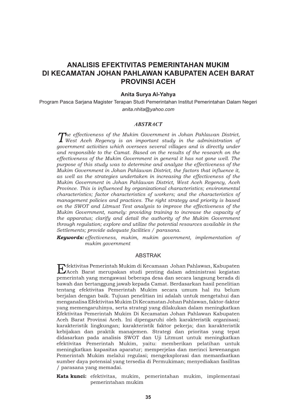 Analisis Efektivitas Pemerintahan Mukim Di Kecamatan Johan Pahlawan Kabupaten Aceh Barat Provinsi Aceh