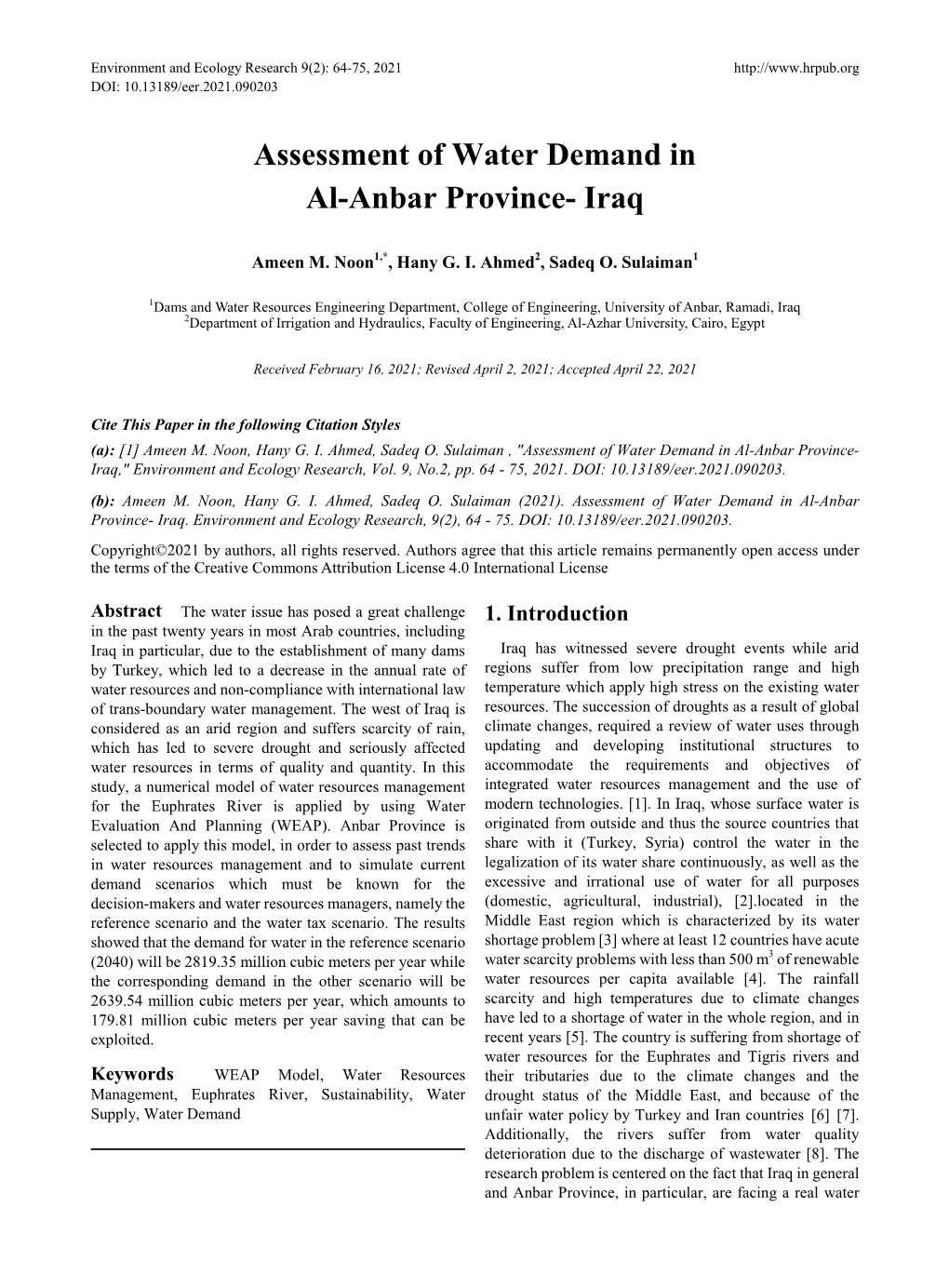 Assessment of Water Demand in Al-Anbar Province- Iraq